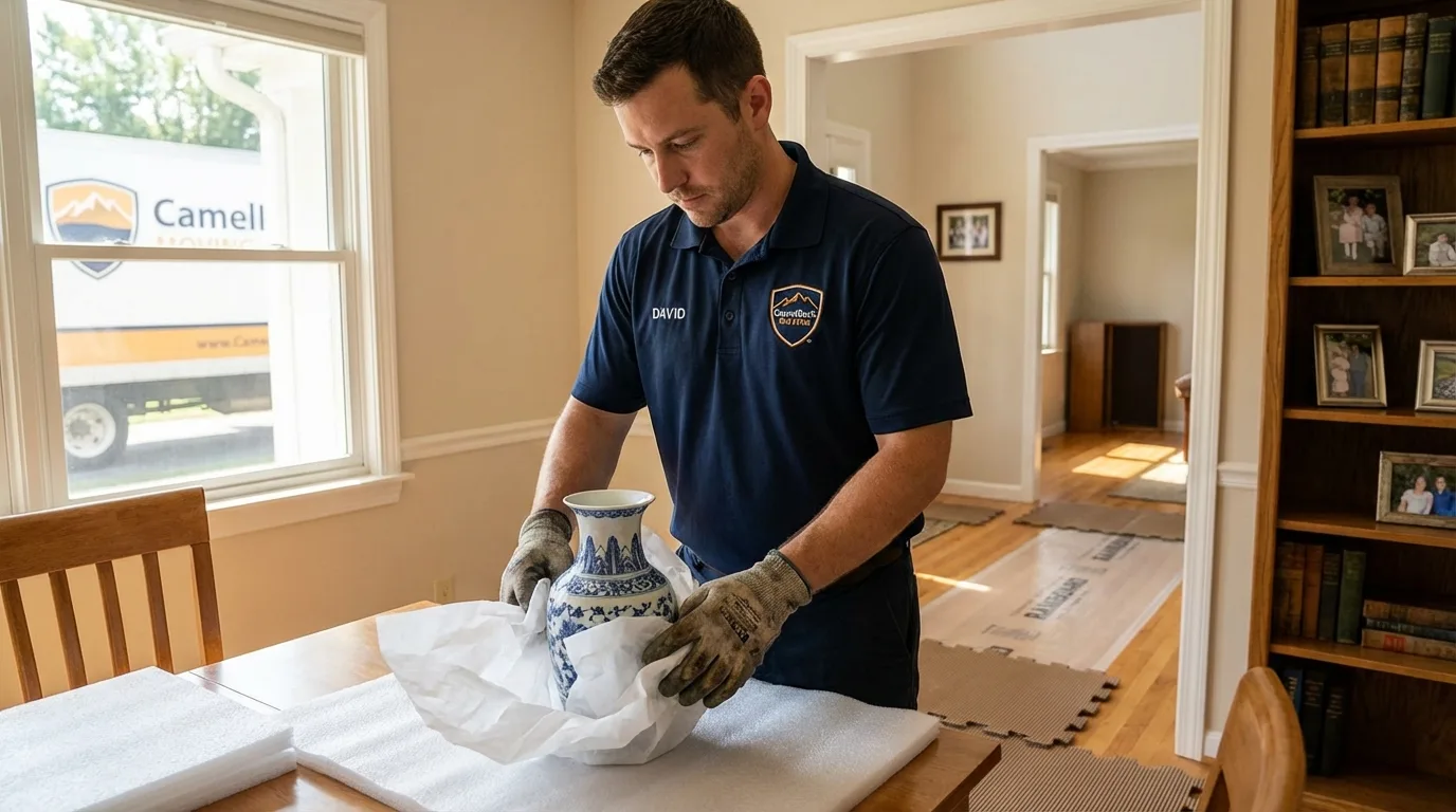 Professional crew carefully wrapping antique vase for senior downsizing move in Kapolei, HI